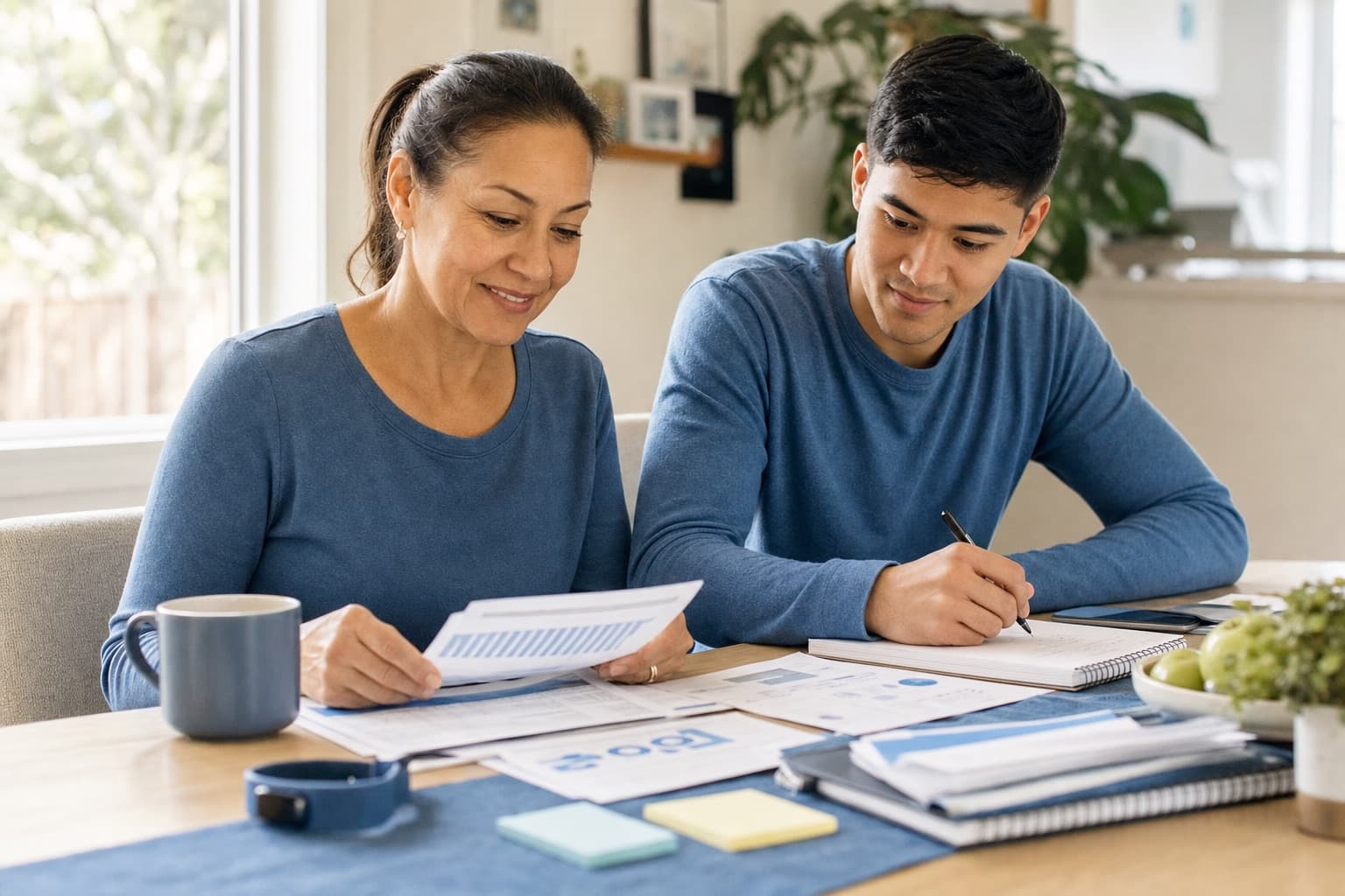 A diverse care-prep conversation with notes, a phone, and health records organized on a table.
