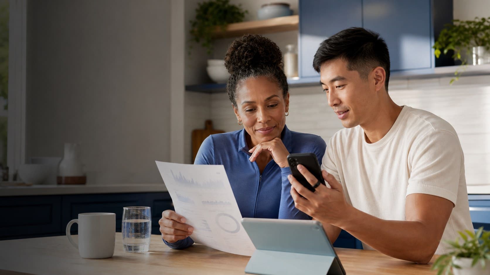 People reviewing wearable and record context on a phone and tablet
