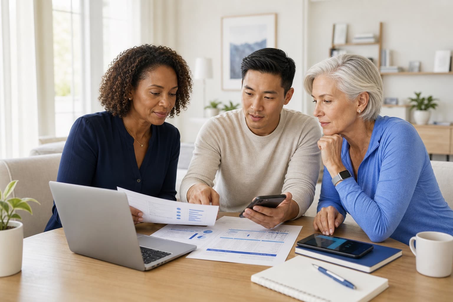 Adults reviewing a lab portal export, phone trend, and paper health packet at a bright home table.