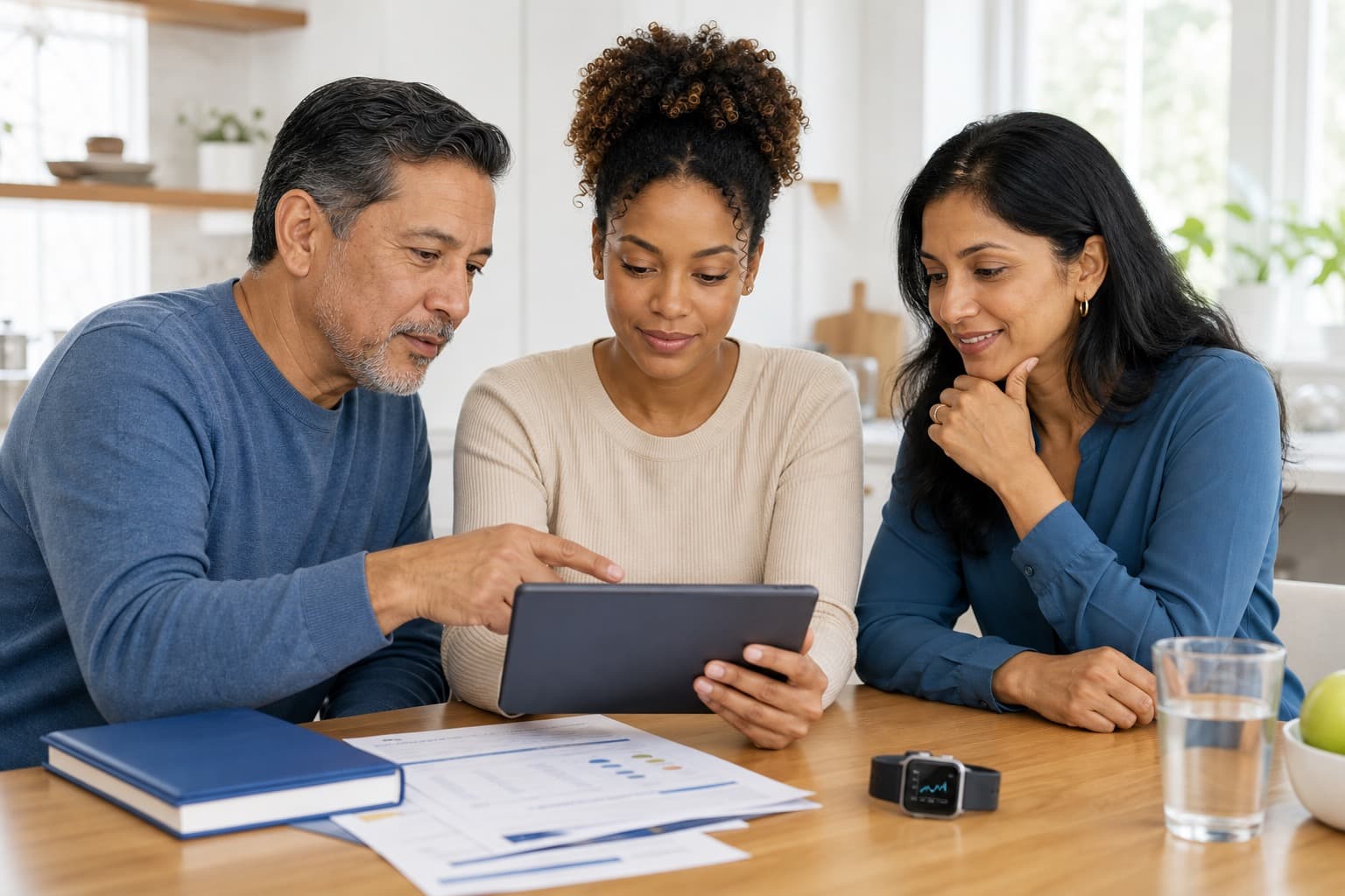 Adults reviewing longitudinal biomarker trends on a tablet beside wearable and lab context.