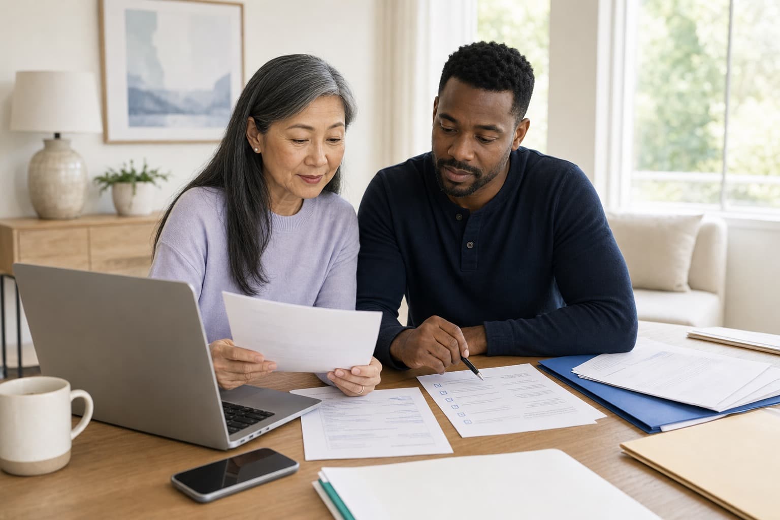 Adults organizing health record packets and a review checklist beside a laptop.