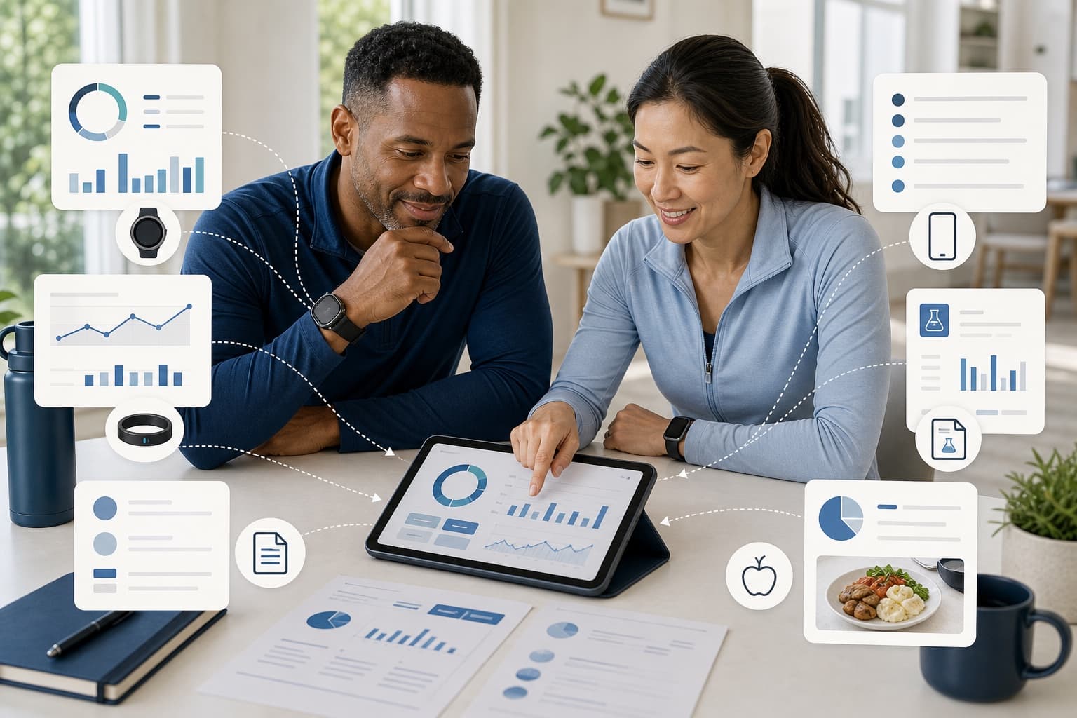Wearables, health exports, lab records, and food logs arranged around one review workspace.