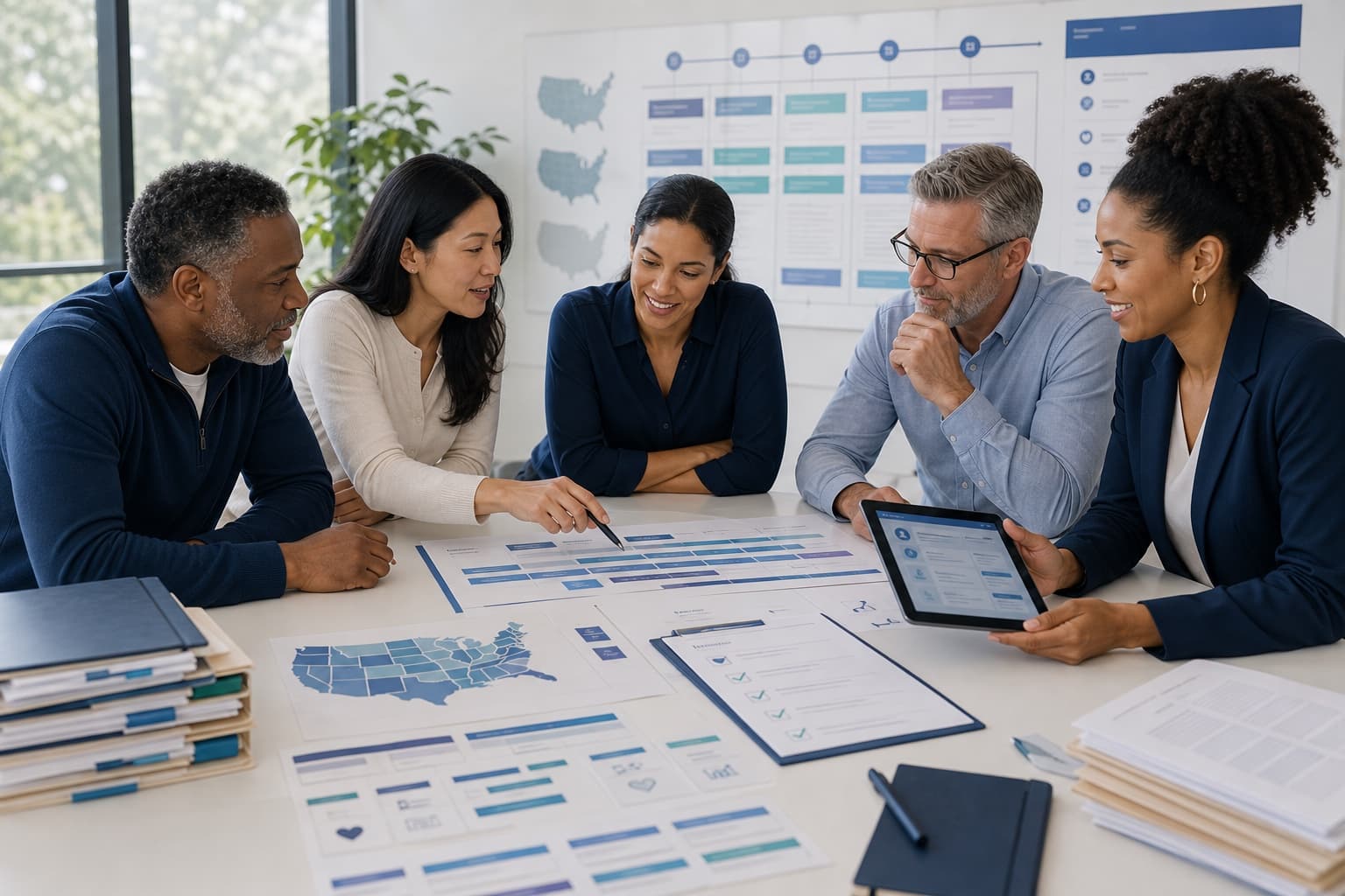 A product team reviewing health record packets, wellness reports, and roadmap planning cards