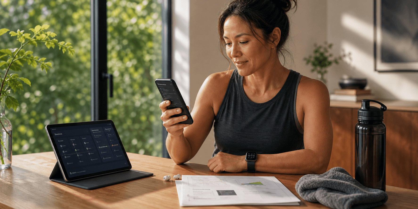 A healthy adult checks Ojava on a phone beside wearable data and lab records after a workout