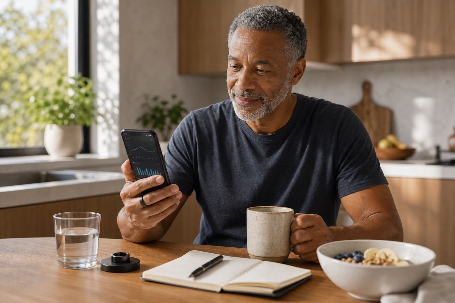 A person reviewing morning readiness and recovery context over breakfast