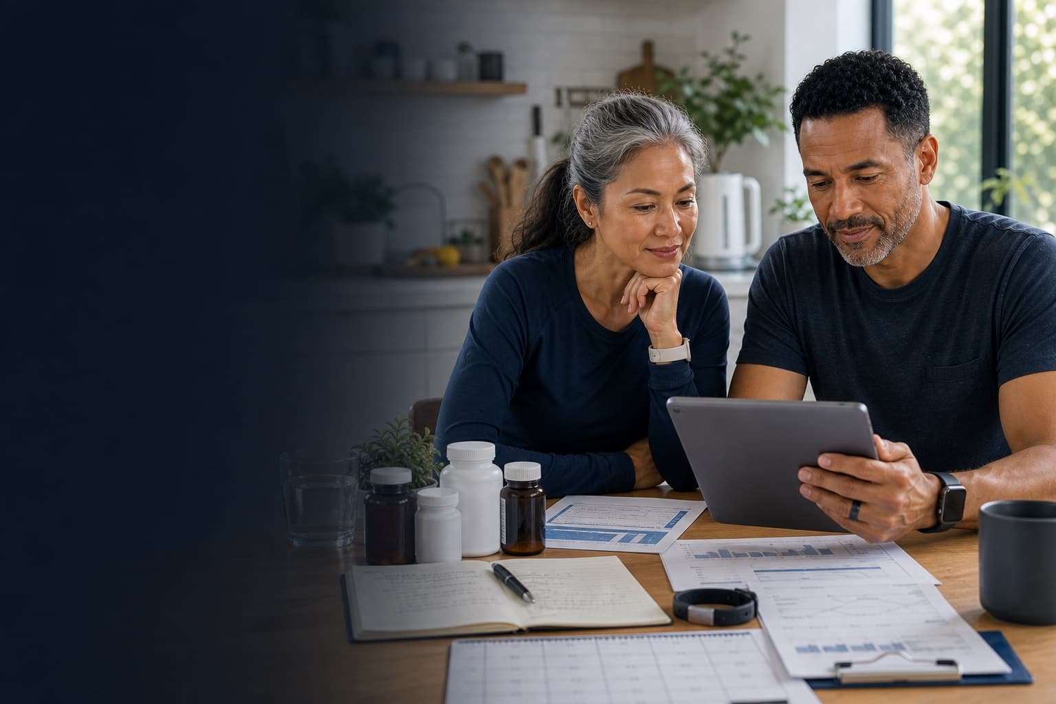 Adults reviewing health records and wearable context on a tablet