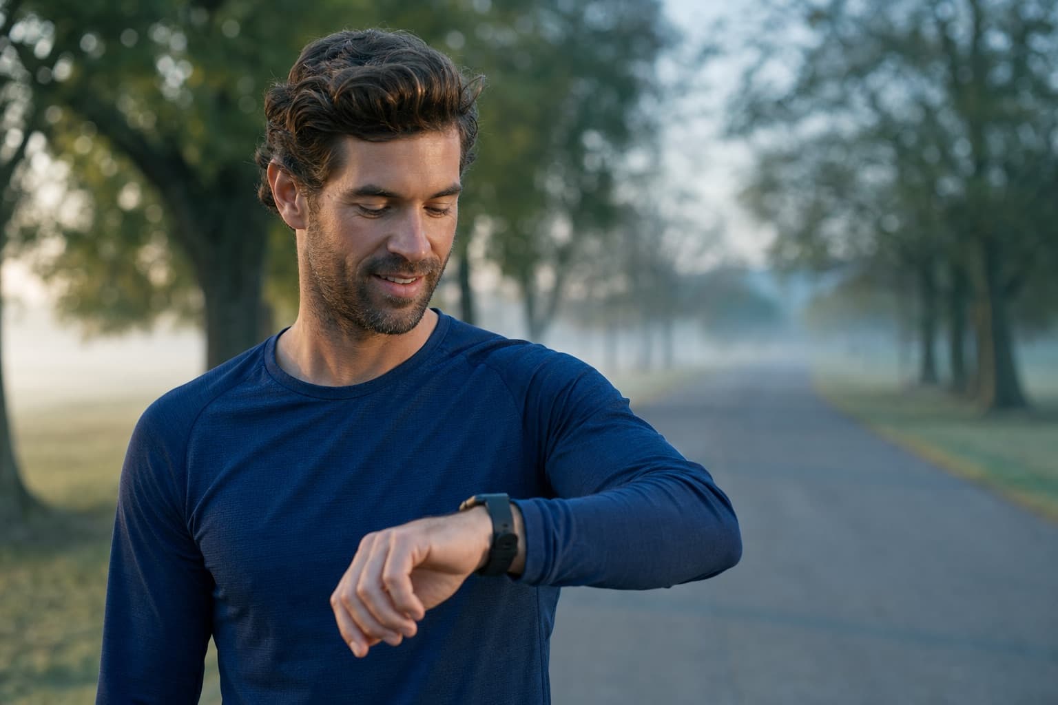 Runner checking a wearable after a morning workout