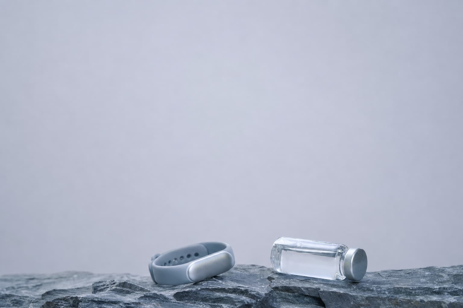 Wearable band and clear vial on a cool stone surface