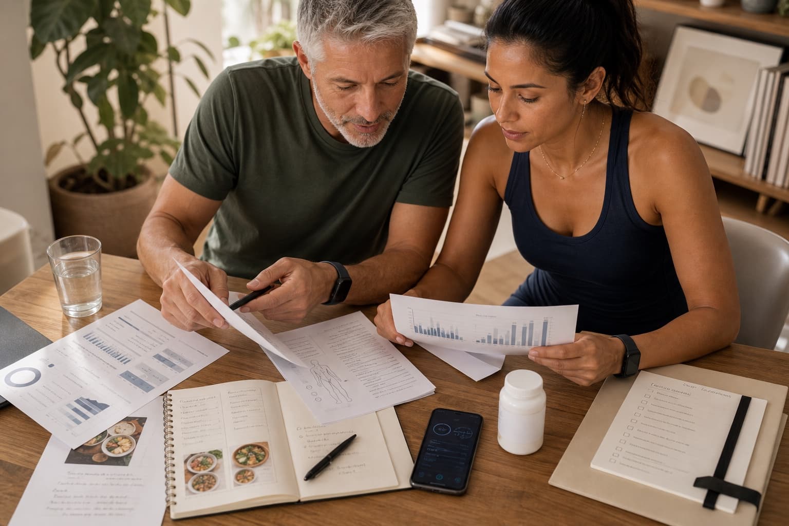Organized record sources, wearable context, and health notes on a table